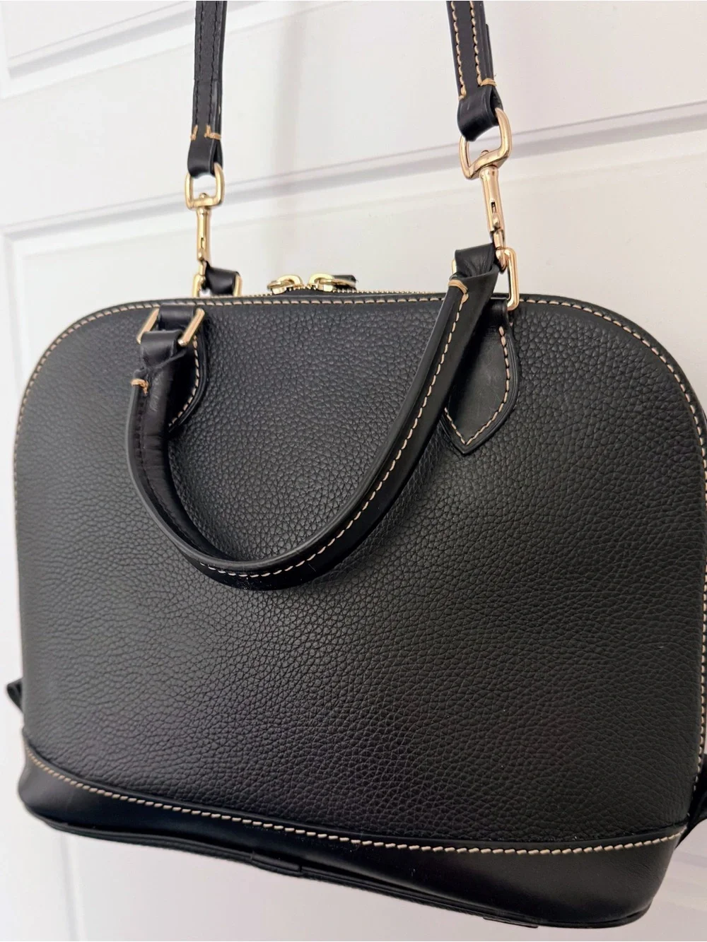 Dooney & Bourke Black Pebble Leather Dome Satchel with Gold Hardware